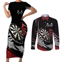 New Zealand Darts Personalised Couples Matching Short Sleeve Bodycon Dress and Long Sleeve Button Shirt Silver Fern Dynamic