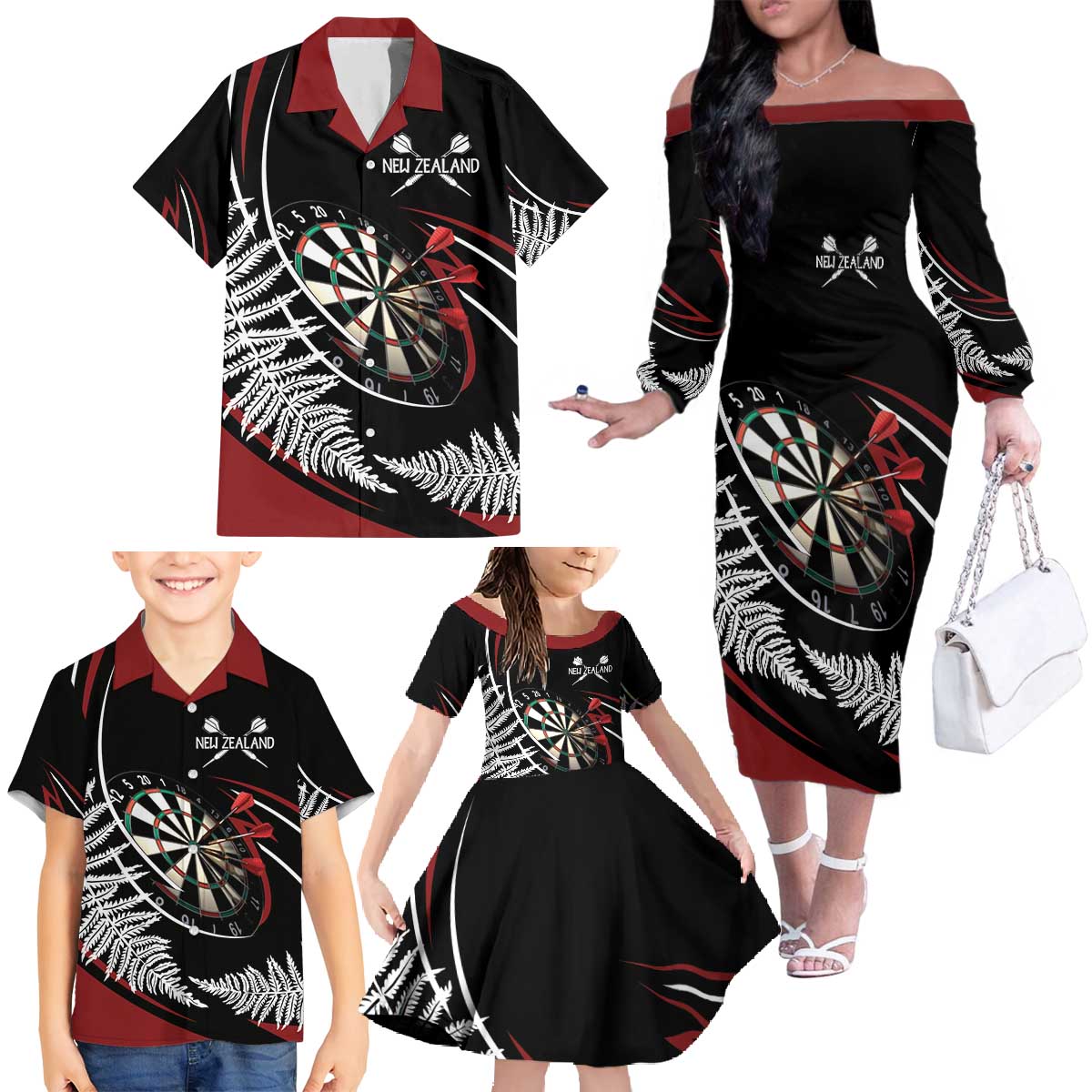 New Zealand Darts Personalised Family Matching Off The Shoulder Long Sleeve Dress and Hawaiian Shirt Silver Fern Dynamic