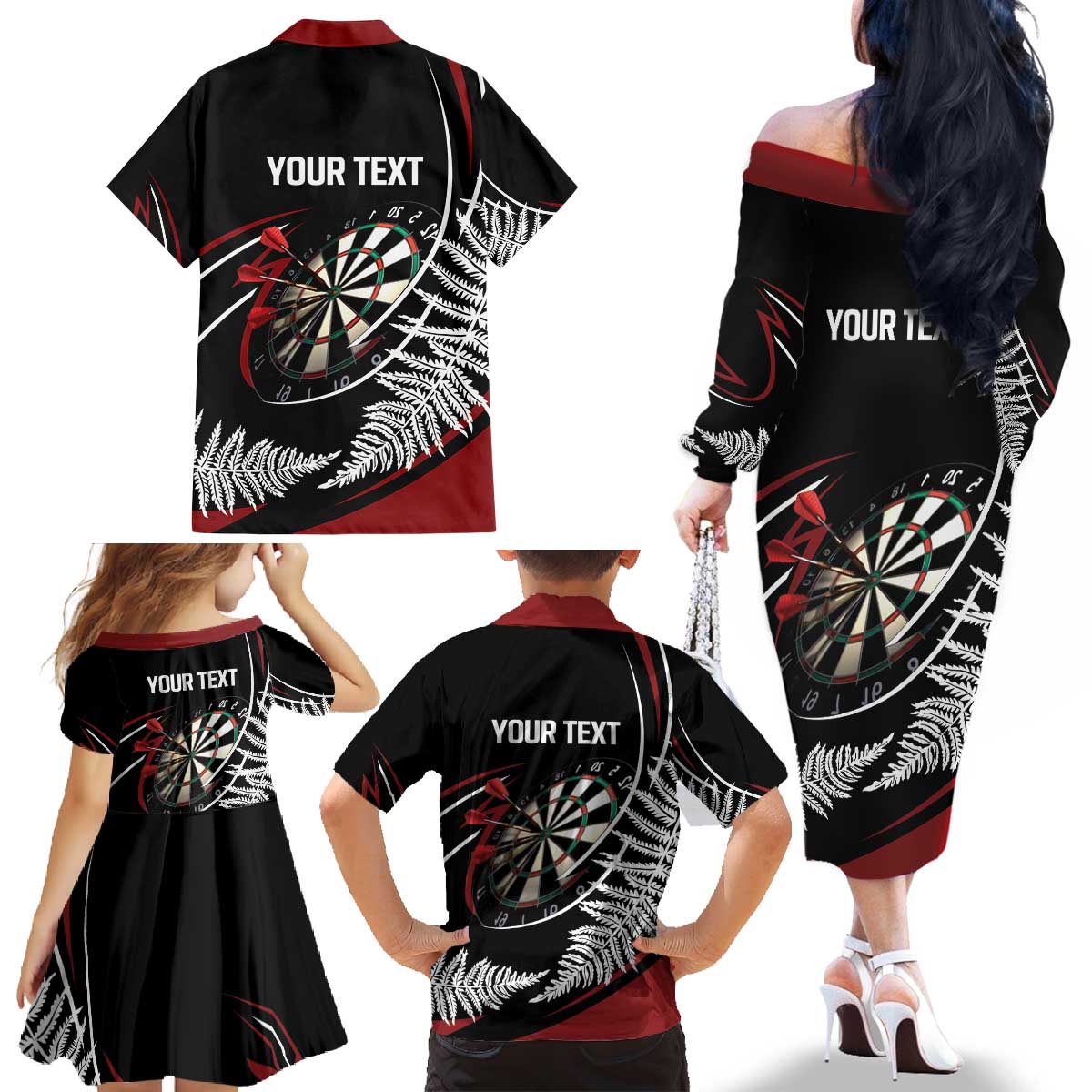 New Zealand Darts Personalised Family Matching Off The Shoulder Long Sleeve Dress and Hawaiian Shirt Silver Fern Dynamic