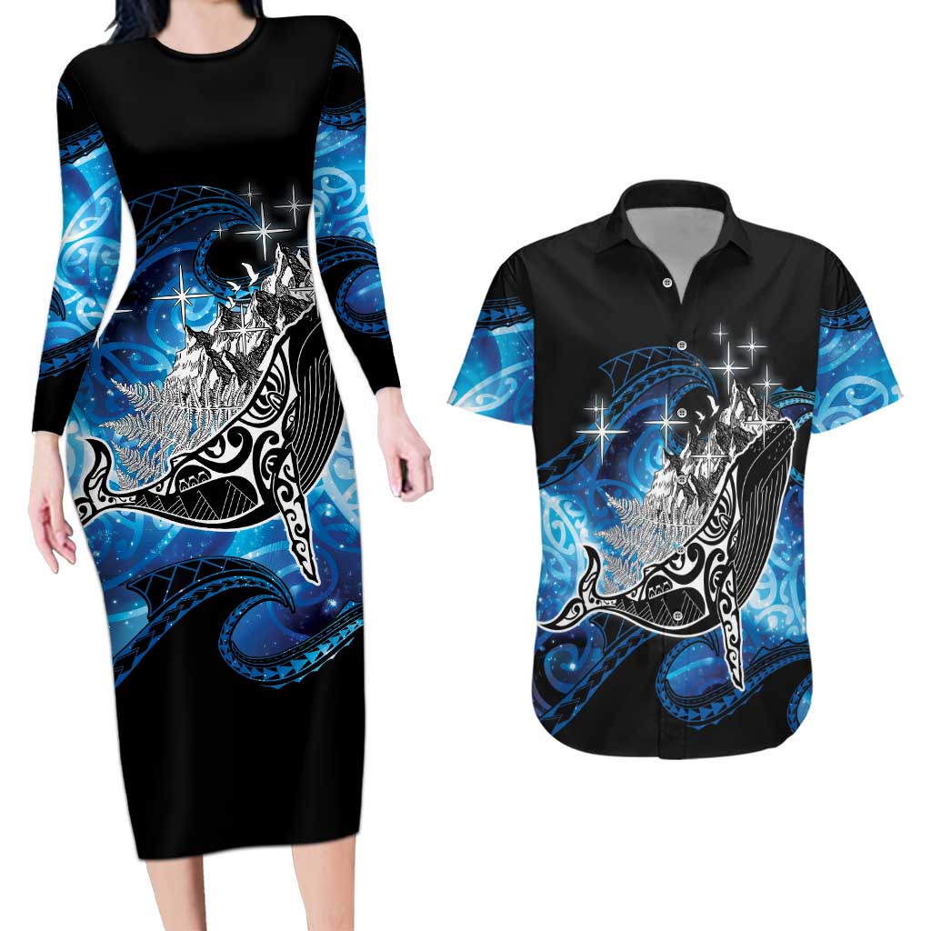 Maori Matariki Te Araroa Paikea Starry Couples Matching Long Sleeve Bodycon Dress and Hawaiian Shirt Tangaroa Whakatauki LT7 Black - Polynesian Pride