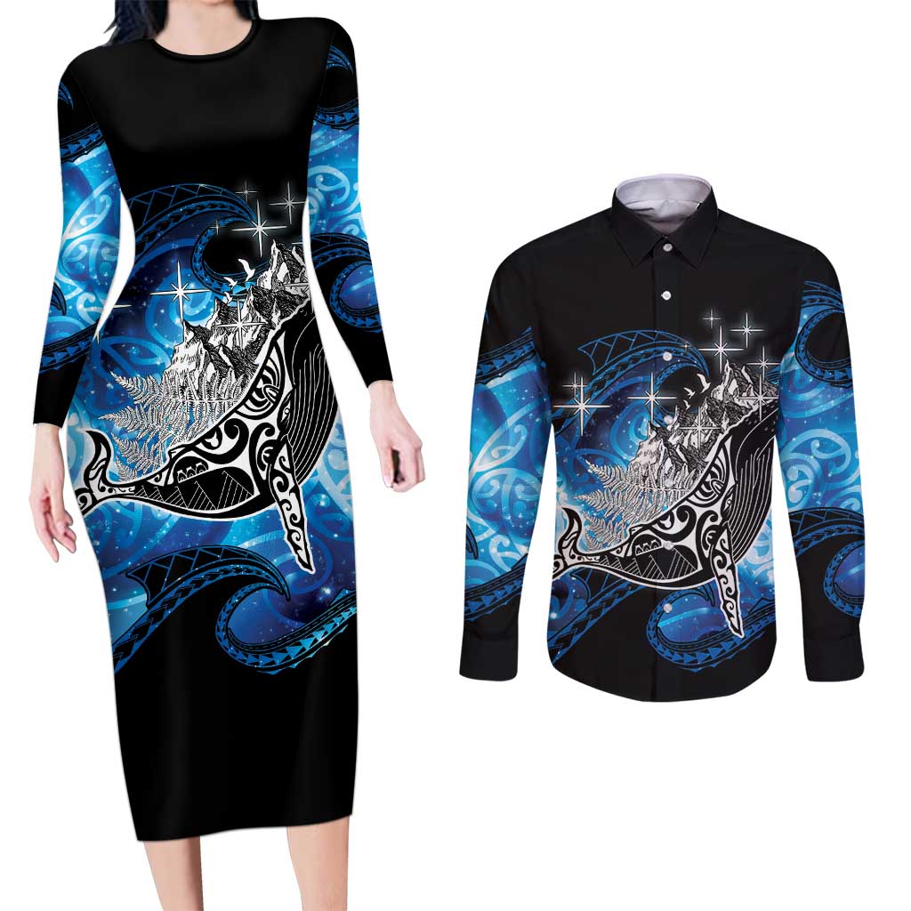 Maori Matariki Te Araroa Paikea Starry Couples Matching Long Sleeve Bodycon Dress and Long Sleeve Button Shirt Tangaroa Whakatauki LT7 Black - Polynesian Pride