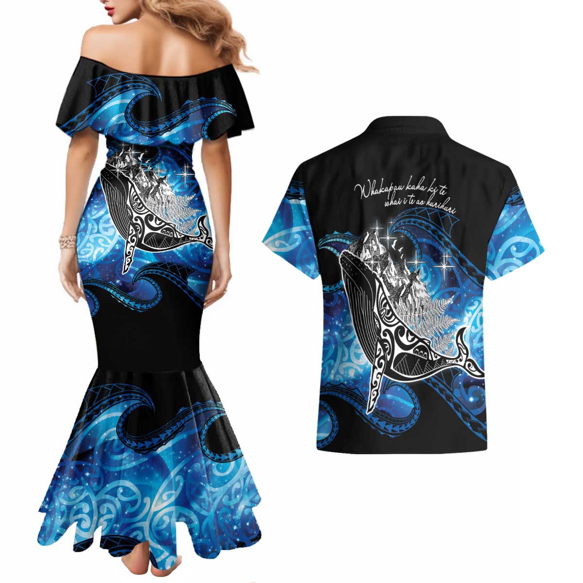 Maori Matariki Te Araroa Paikea Starry Couples Matching Mermaid Dress and Hawaiian Shirt Tangaroa Whakatauki