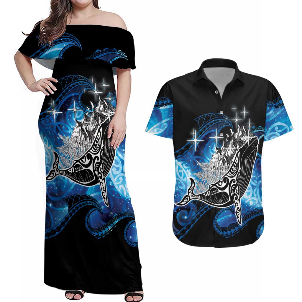 Maori Matariki Te Araroa Paikea Starry Couples Matching Off Shoulder Maxi Dress and Hawaiian Shirt Tangaroa Whakatauki LT7 Black - Polynesian Pride