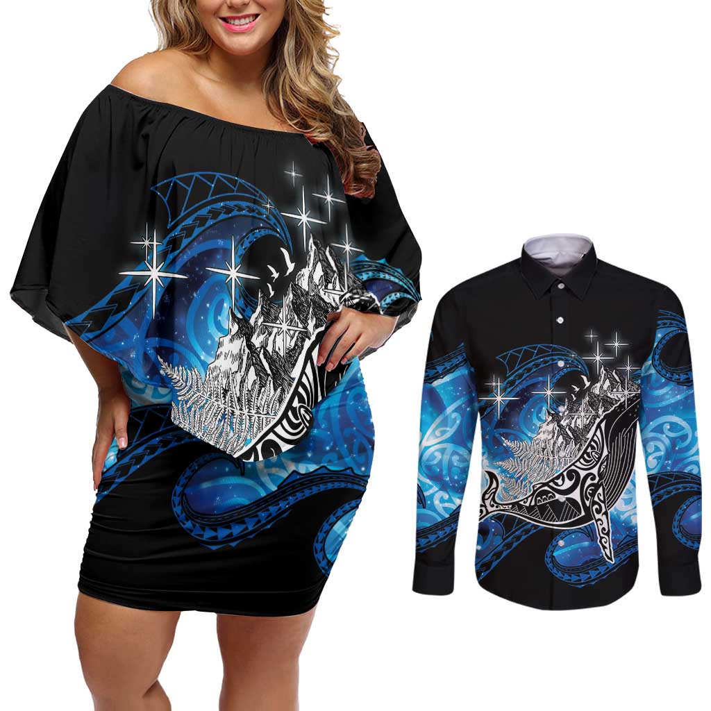 Maori Matariki Te Araroa Paikea Starry Couples Matching Off Shoulder Short Dress and Long Sleeve Button Shirt Tangaroa Whakatauki LT7 Black - Polynesian Pride