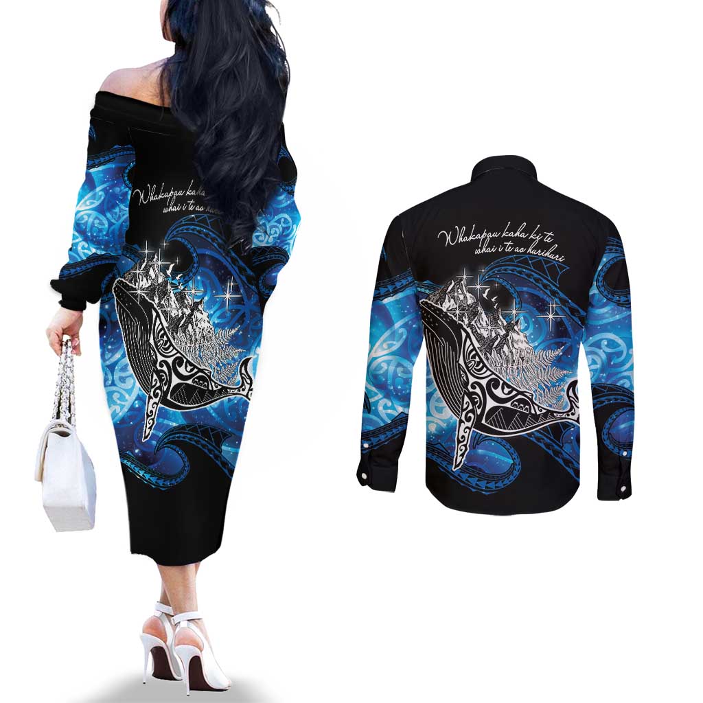 Maori Matariki Te Araroa Paikea Starry Couples Matching Off The Shoulder Long Sleeve Dress and Long Sleeve Button Shirt Tangaroa Whakatauki