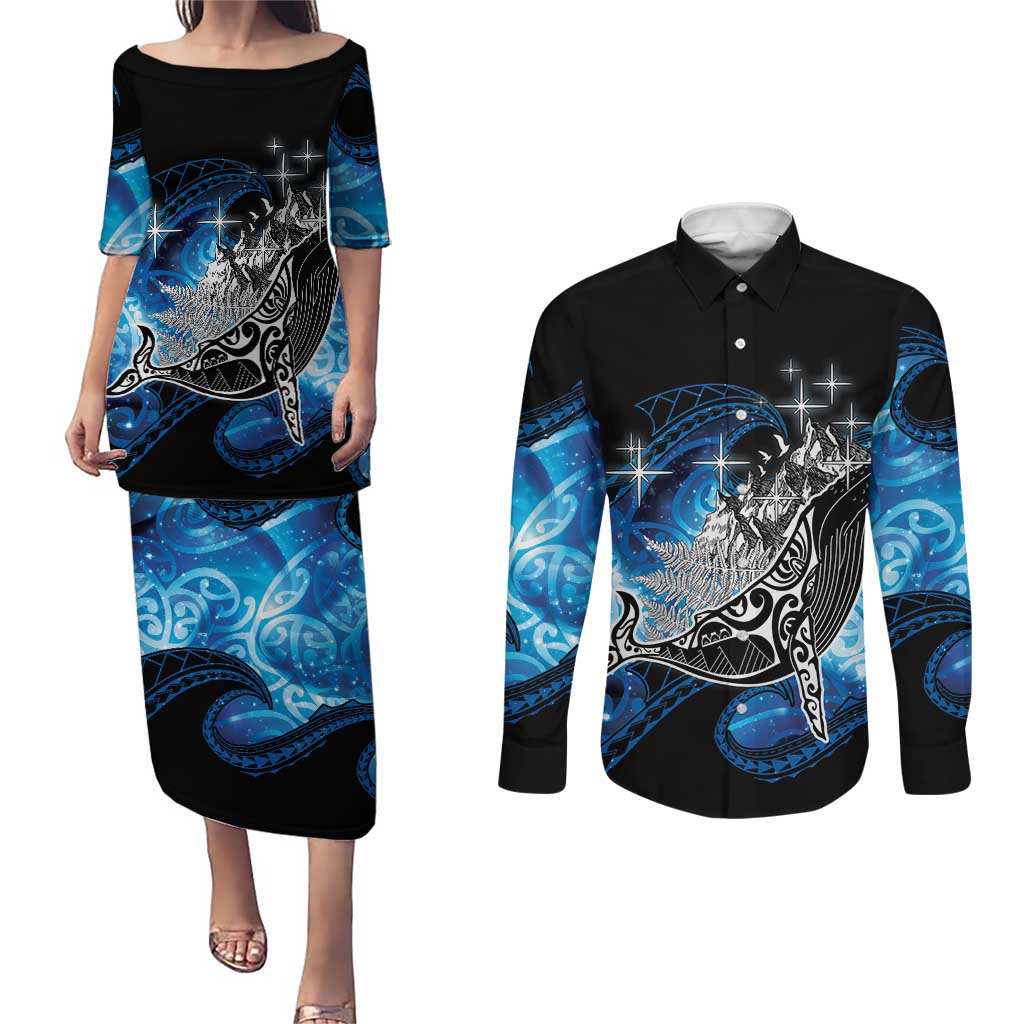 Maori Matariki Te Araroa Paikea Starry Couples Matching Puletasi and Long Sleeve Button Shirt Tangaroa Whakatauki LT7 Black - Polynesian Pride