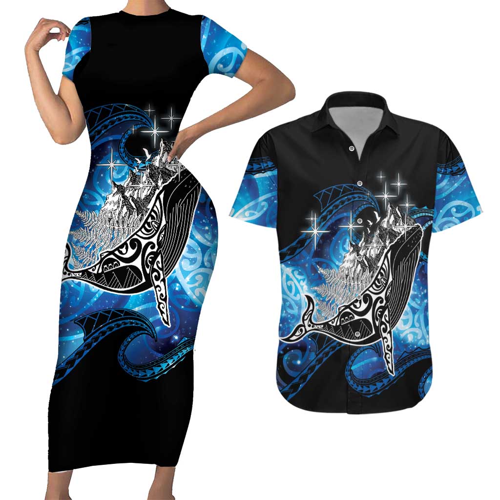 Maori Matariki Te Araroa Paikea Starry Couples Matching Short Sleeve Bodycon Dress and Hawaiian Shirt Tangaroa Whakatauki LT7 Black - Polynesian Pride