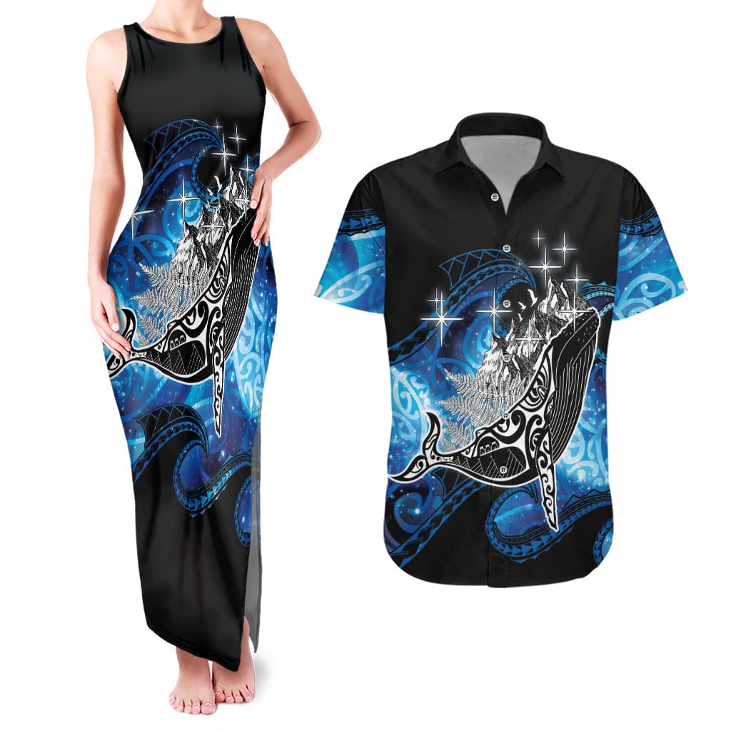 Maori Matariki Te Araroa Paikea Starry Couples Matching Tank Maxi Dress and Hawaiian Shirt Tangaroa Whakatauki LT7 Black - Polynesian Pride