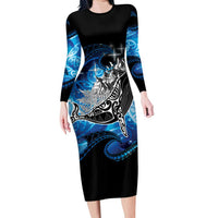 Maori Matariki Te Araroa Paikea Starry Long Sleeve Bodycon Dress Tangaroa Whakatauki LT7 Long Dress Black - Polynesian Pride