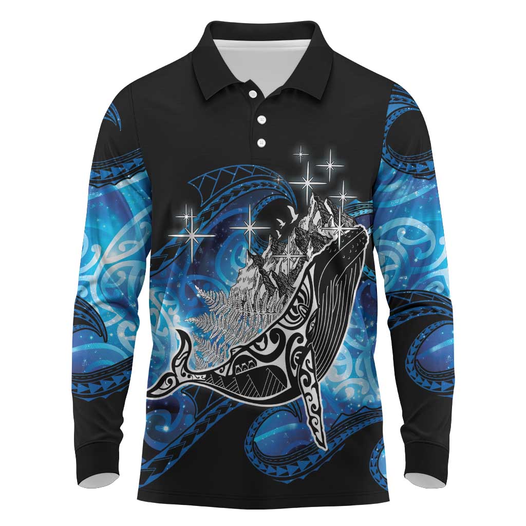 Maori Matariki Te Araroa Paikea Starry Long Sleeve Polo Shirt Tangaroa Whakatauki LT7 Black - Polynesian Pride