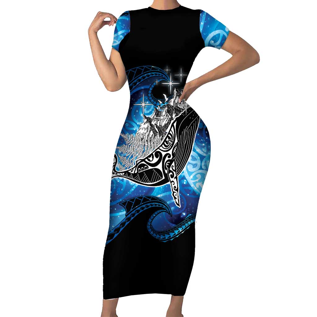 Maori Matariki Te Araroa Paikea Starry Short Sleeve Bodycon Dress Tangaroa Whakatauki LT7 Long Dress Black - Polynesian Pride