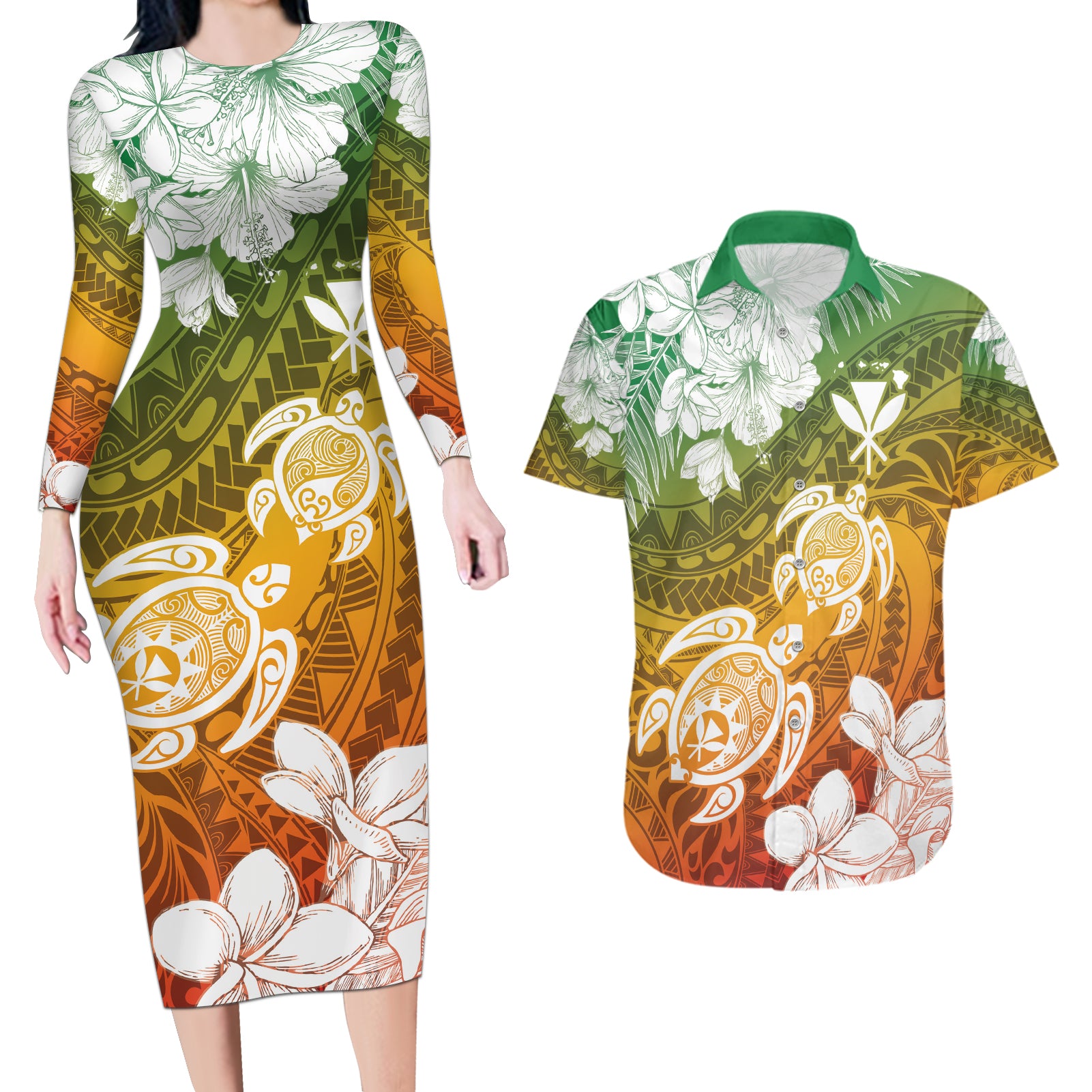 Kanaka Maoli Hawaii Flag Day Couples Matching Long Sleeve Bodycon Dress and Hawaiian Shirt Vibrant Frangipani