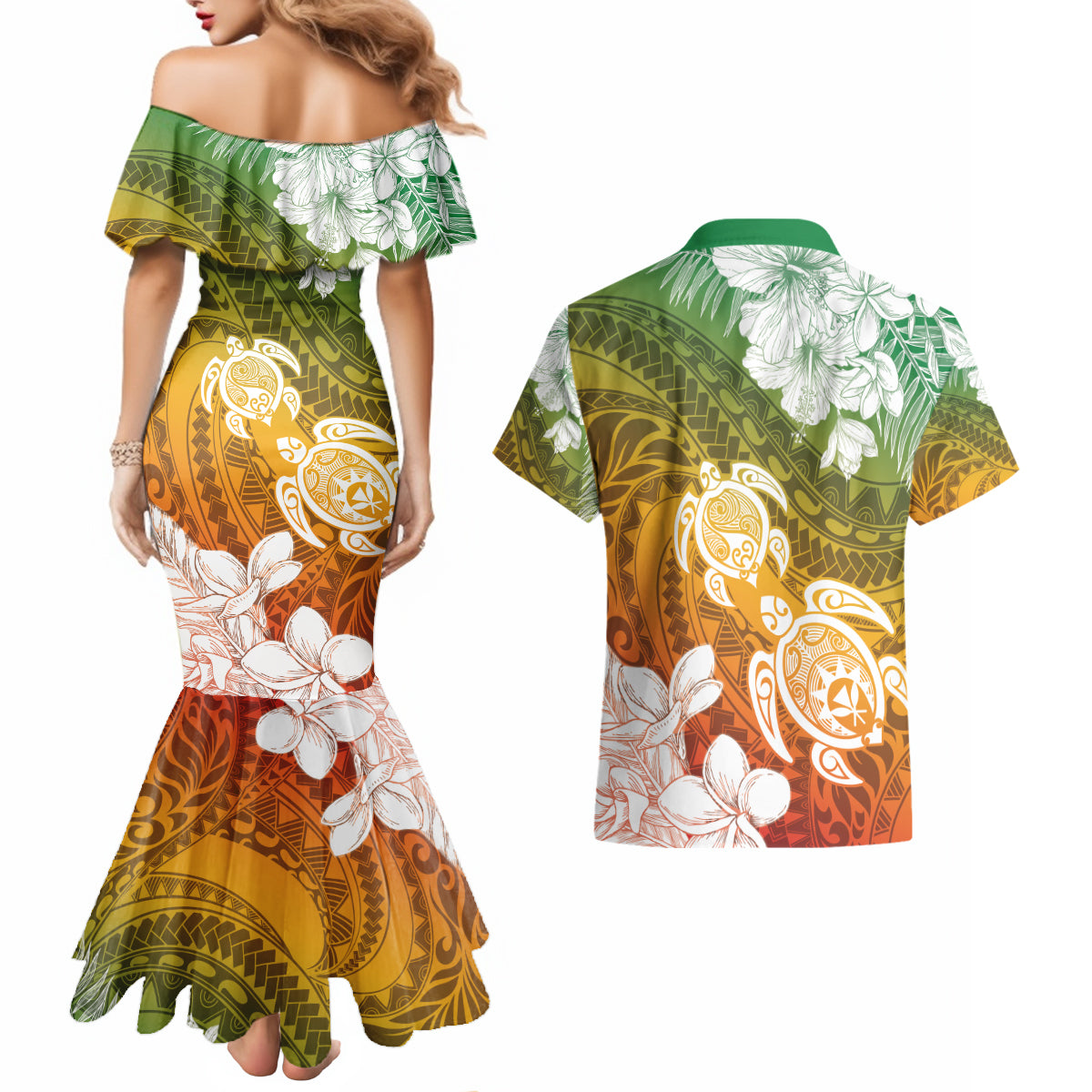 Kanaka Maoli Hawaii Flag Day Couples Matching Mermaid Dress and Hawaiian Shirt Vibrant Frangipani