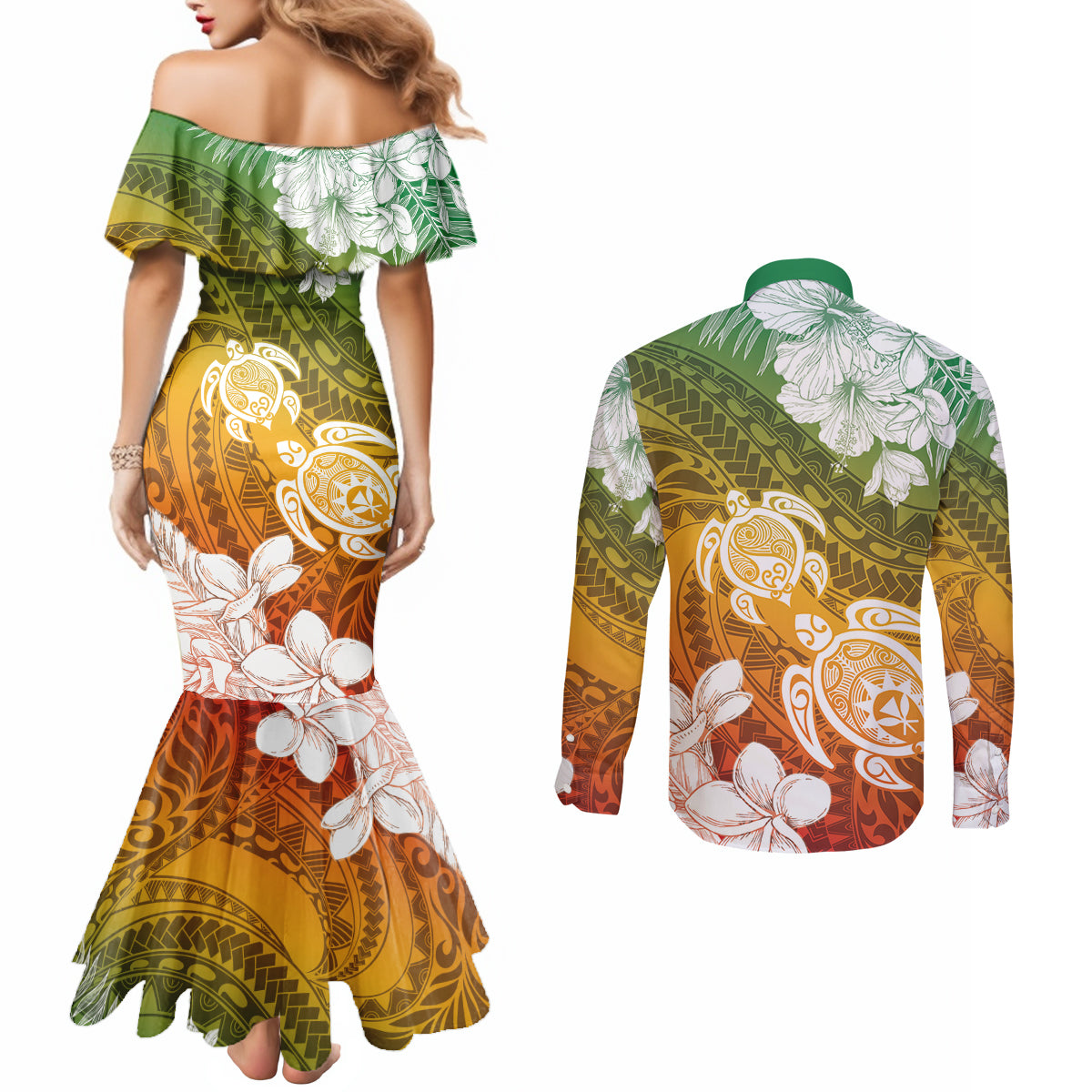 Kanaka Maoli Hawaii Flag Day Couples Matching Mermaid Dress and Long Sleeve Button Shirt Vibrant Frangipani
