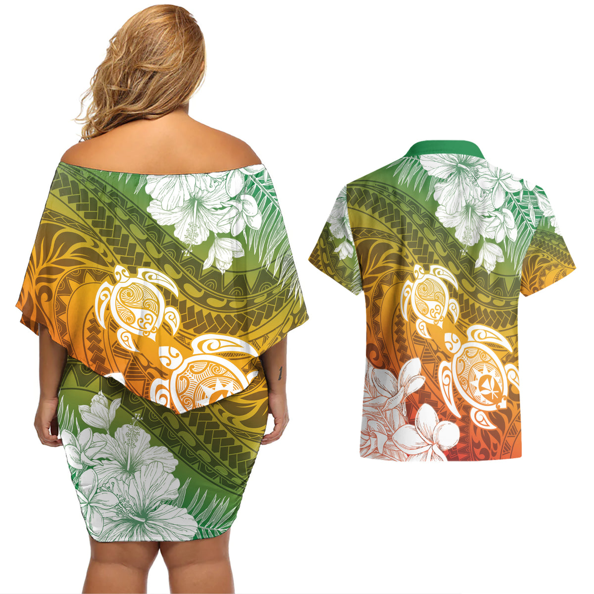 Kanaka Maoli Hawaii Flag Day Couples Matching Off Shoulder Short Dress and Hawaiian Shirt Vibrant Frangipani