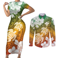 Kanaka Maoli Hawaii Flag Day Couples Matching Short Sleeve Bodycon Dress and Long Sleeve Button Shirt Vibrant Frangipani
