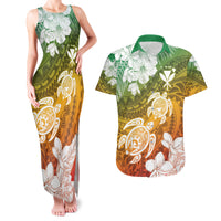Kanaka Maoli Hawaii Flag Day Couples Matching Tank Maxi Dress and Hawaiian Shirt Vibrant Frangipani