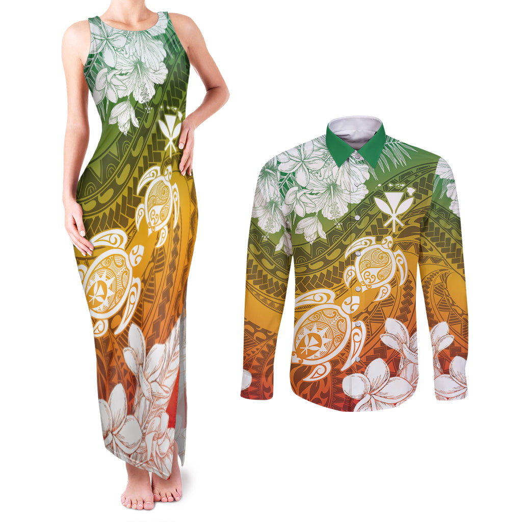 Kanaka Maoli Hawaii Flag Day Couples Matching Tank Maxi Dress and Long Sleeve Button Shirt Vibrant Frangipani