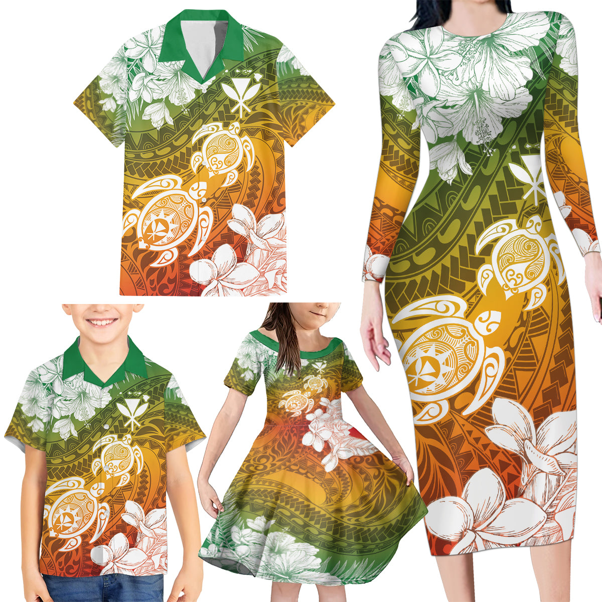 Kanaka Maoli Hawaii Flag Day Family Matching Long Sleeve Bodycon Dress and Hawaiian Shirt Vibrant Frangipani