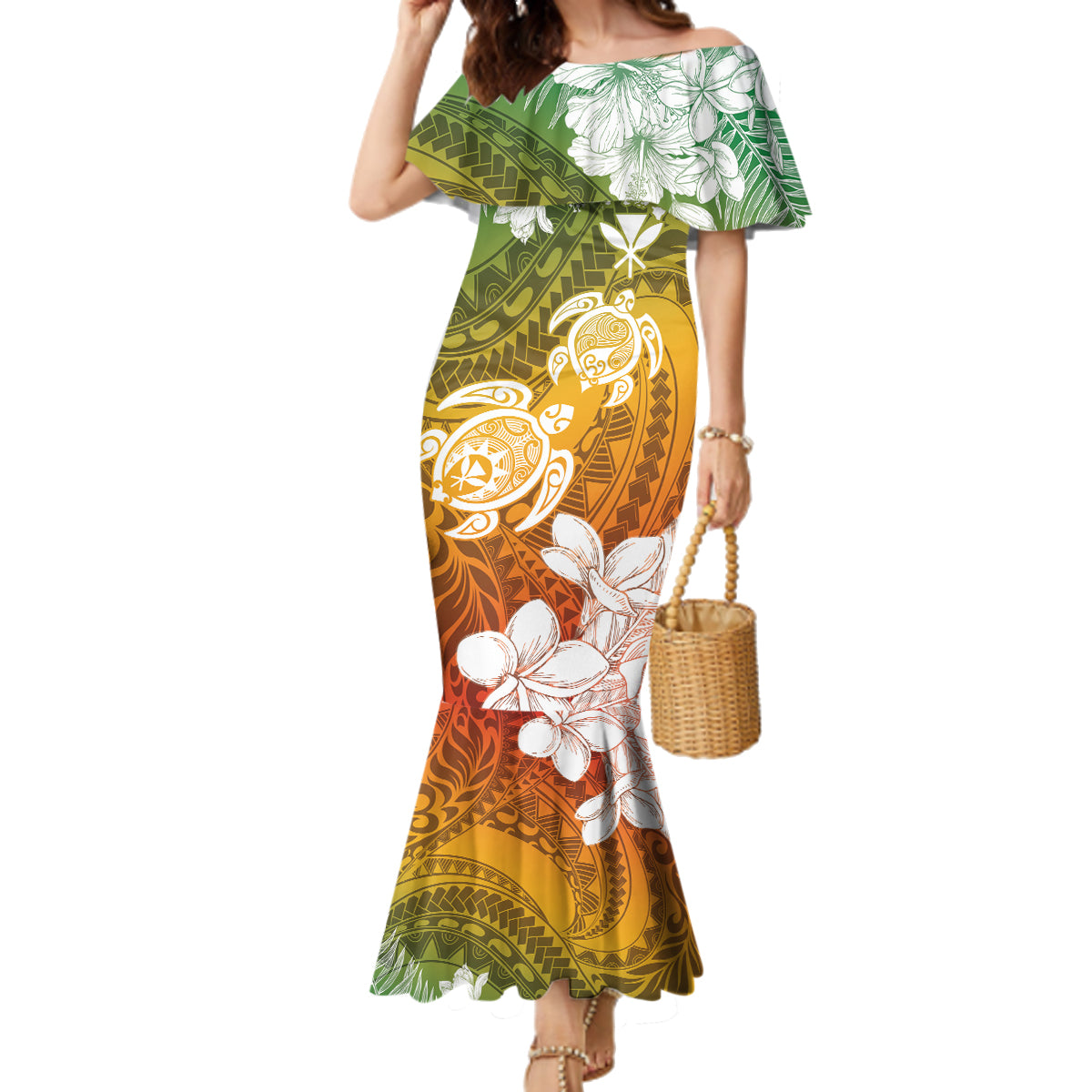Kanaka Maoli Hawaii Flag Day Family Matching Mermaid Dress and Hawaiian Shirt Vibrant Frangipani
