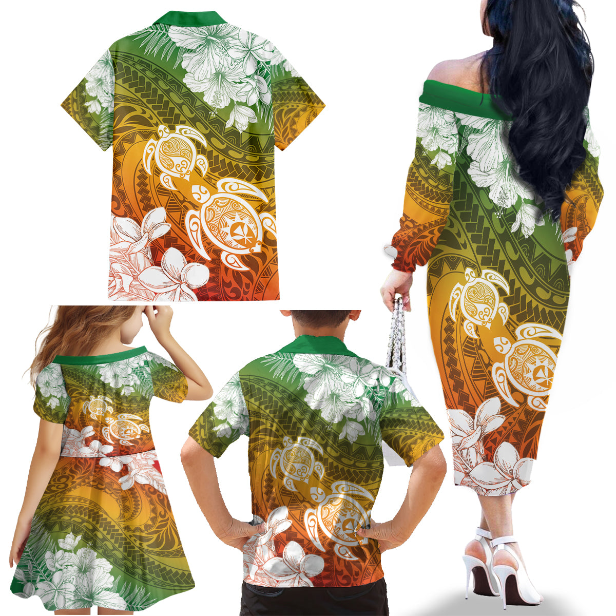 Kanaka Maoli Hawaii Flag Day Family Matching Off The Shoulder Long Sleeve Dress and Hawaiian Shirt Vibrant Frangipani