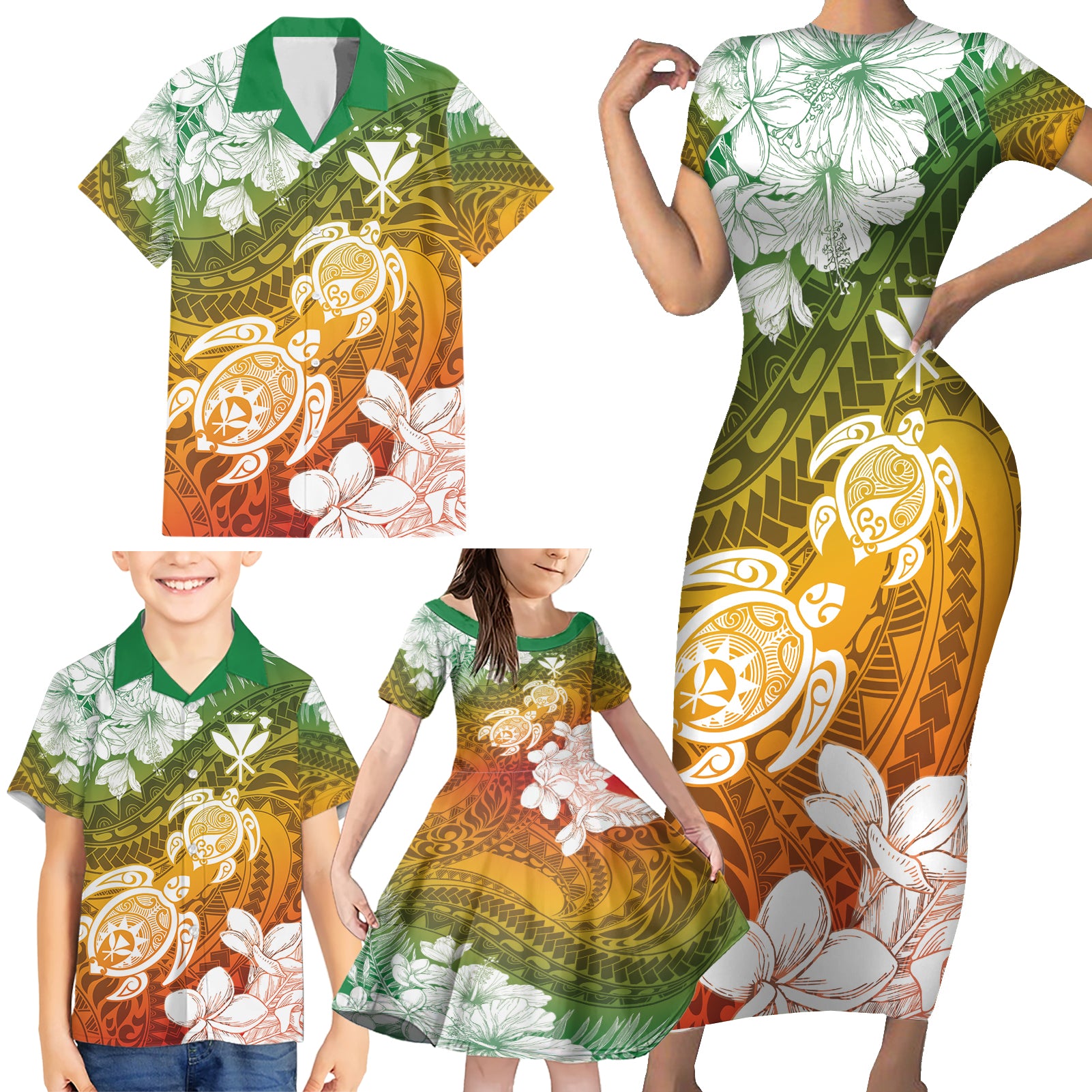 Kanaka Maoli Hawaii Flag Day Family Matching Short Sleeve Bodycon Dress and Hawaiian Shirt Vibrant Frangipani