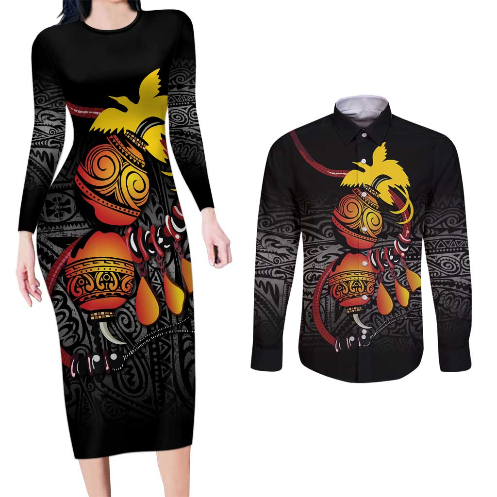 Personalized Papua New Guinea Milne Bay Couples Matching Long Sleeve Bodycon Dress and Long Sleeve Button Shirt Bagi Necklace Mix Lime Pot Grunge