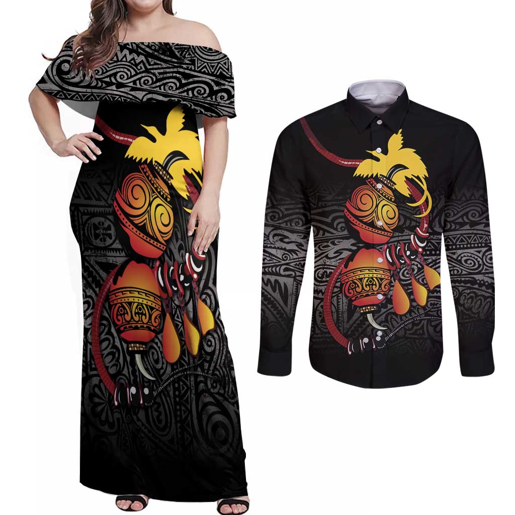 Personalized Papua New Guinea Milne Bay Couples Matching Off Shoulder Maxi Dress and Long Sleeve Button Shirt Bagi Necklace Mix Lime Pot Grunge