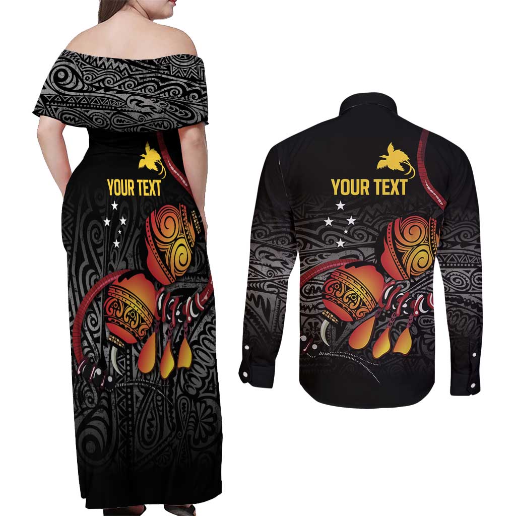 Personalized Papua New Guinea Milne Bay Couples Matching Off Shoulder Maxi Dress and Long Sleeve Button Shirt Bagi Necklace Mix Lime Pot Grunge