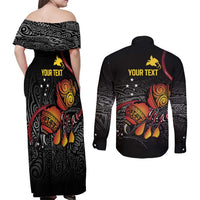 Personalized Papua New Guinea Milne Bay Couples Matching Off Shoulder Maxi Dress and Long Sleeve Button Shirt Bagi Necklace Mix Lime Pot Grunge