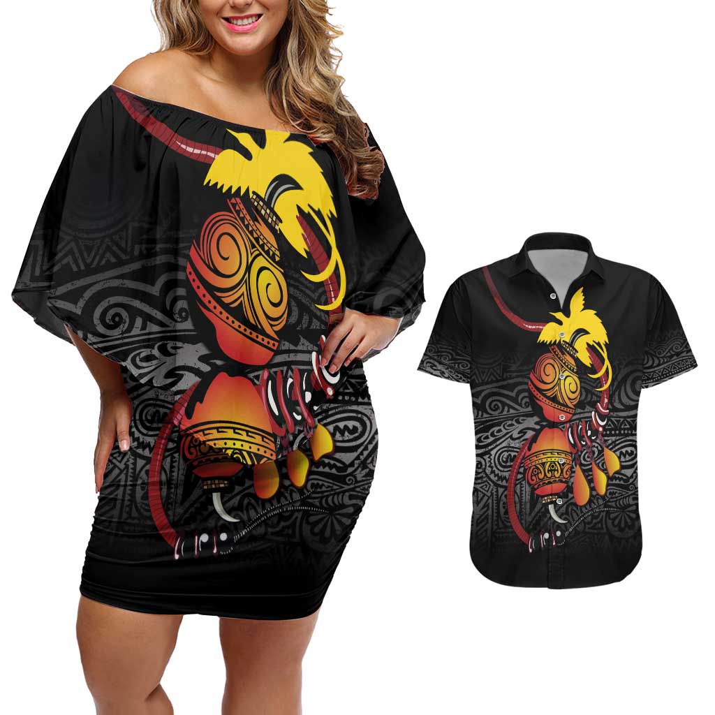 Personalized Papua New Guinea Milne Bay Couples Matching Off Shoulder Short Dress and Hawaiian Shirt Bagi Necklace Mix Lime Pot Grunge