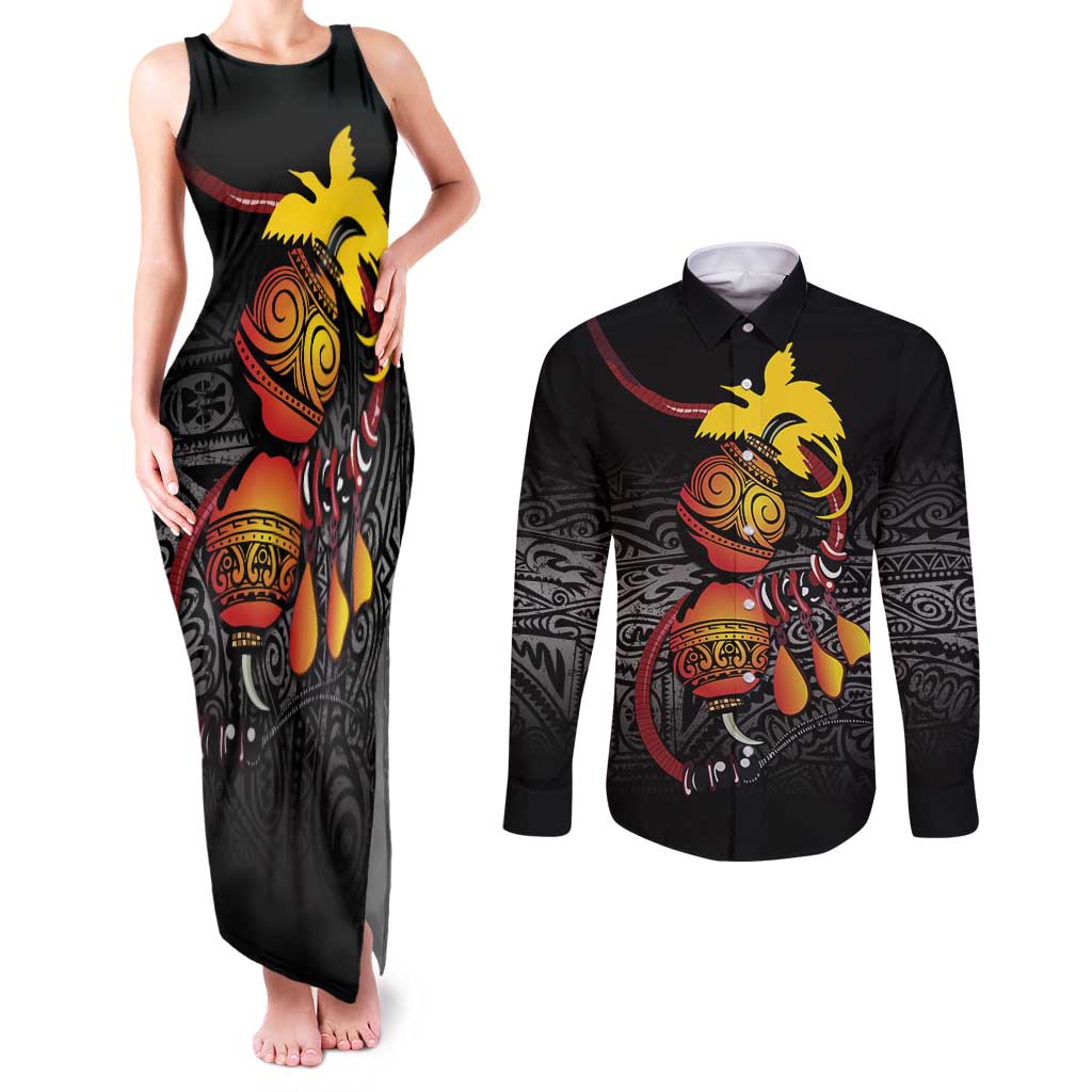 Personalized Papua New Guinea Milne Bay Couples Matching Tank Maxi Dress and Long Sleeve Button Shirt Bagi Necklace Mix Lime Pot Grunge