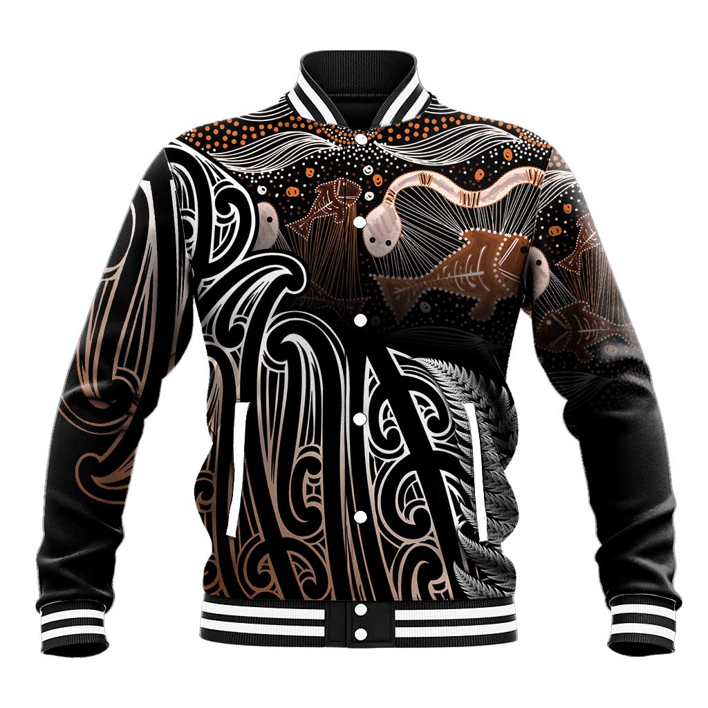Aotearoa Maori - Australia Indigenous Baseball Jacket Koiri Whakairo Mix Aboriginal Art LT7 Unisex Brown - Polynesian Pride