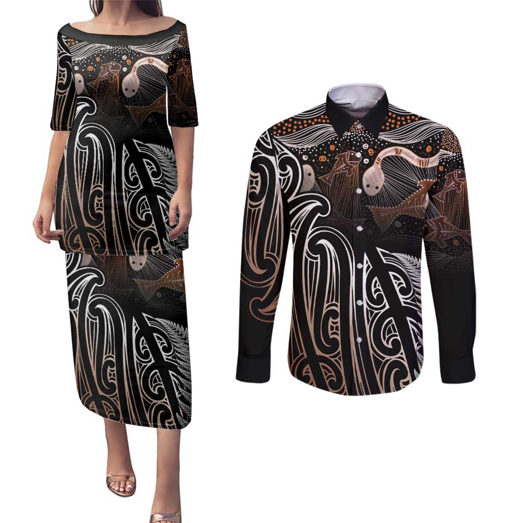 Aotearoa Maori - Australia Indigenous Couples Matching Puletasi and Long Sleeve Button Shirt Koiri Whakairo Mix Aboriginal Art LT7 Brown - Polynesian Pride