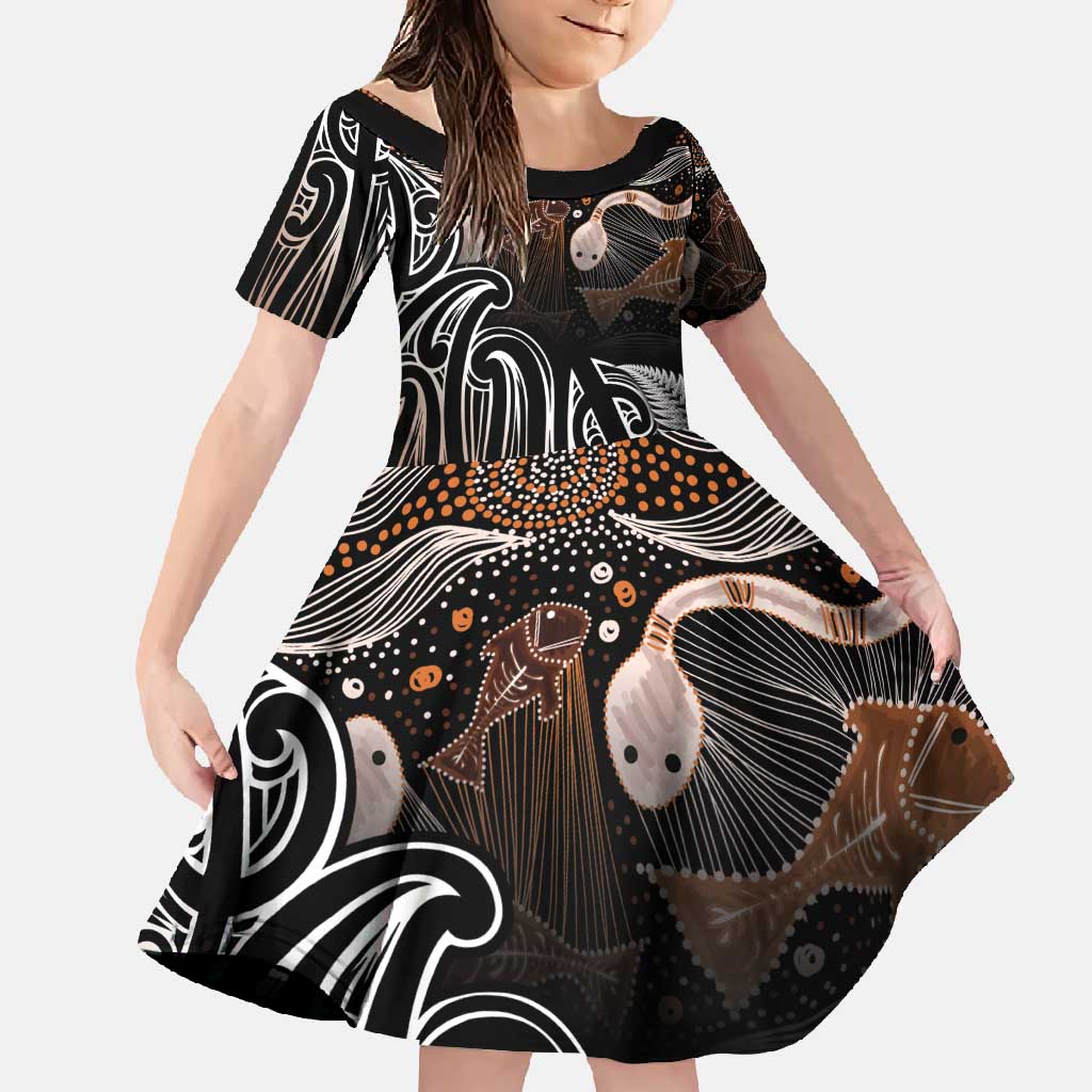 Aotearoa Maori - Australia Indigenous Family Matching Long Sleeve Bodycon Dress and Hawaiian Shirt Koiri Whakairo Mix Aboriginal Art - Polynesian Pride