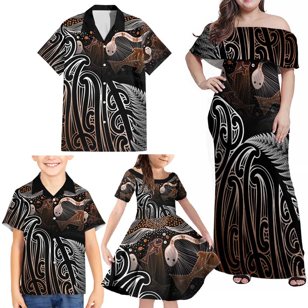 Aotearoa Maori - Australia Indigenous Family Matching Off Shoulder Maxi Dress and Hawaiian Shirt Koiri Whakairo Mix Aboriginal Art LT7 - Polynesian Pride