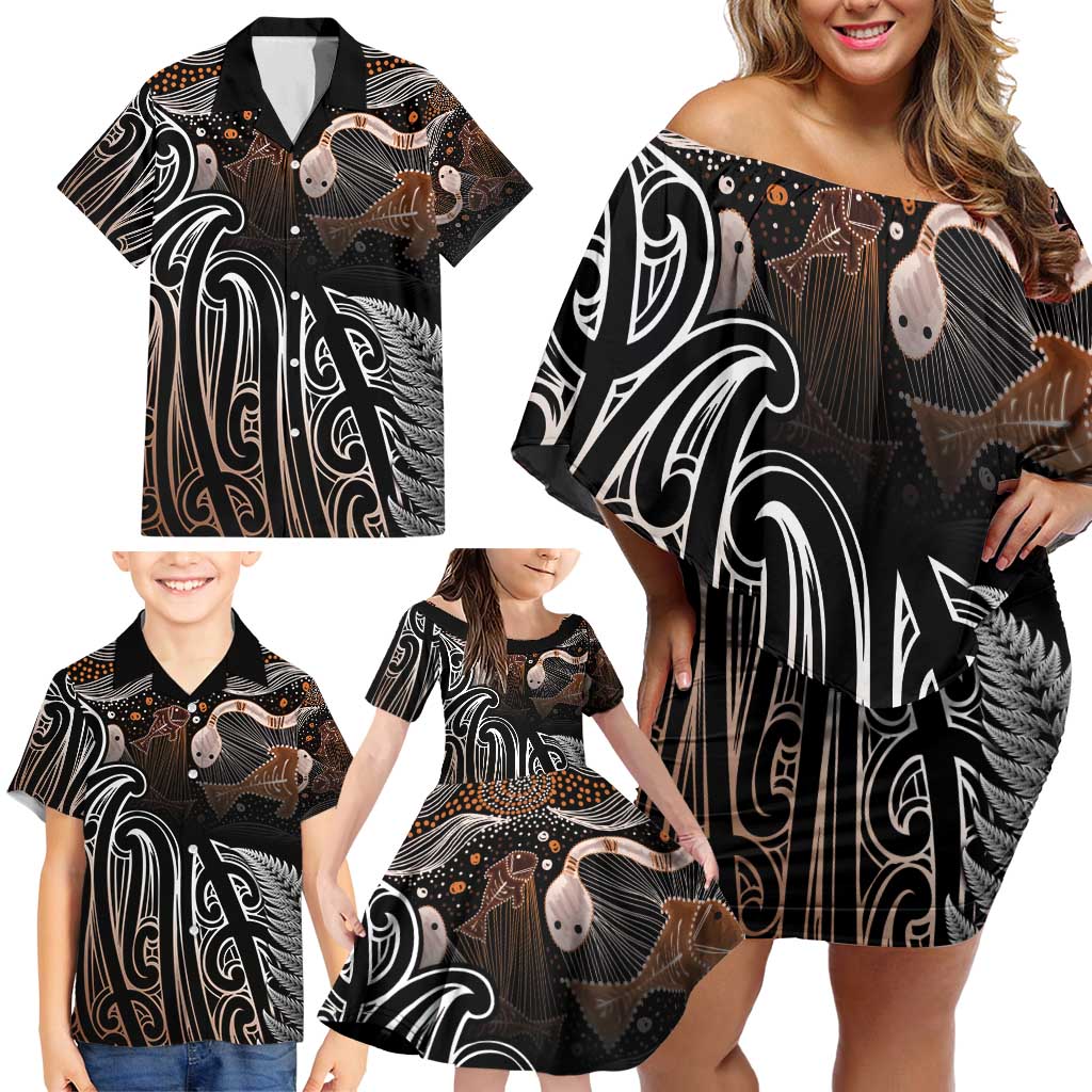 Aotearoa Maori - Australia Indigenous Family Matching Off Shoulder Short Dress and Hawaiian Shirt Koiri Whakairo Mix Aboriginal Art LT7 - Polynesian Pride
