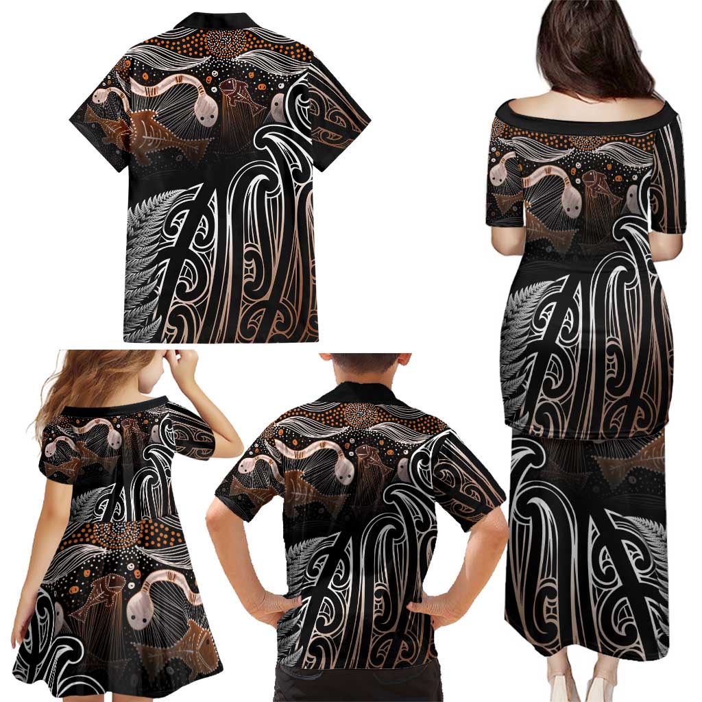 Aotearoa Maori - Australia Indigenous Family Matching Puletasi and Hawaiian Shirt Koiri Whakairo Mix Aboriginal Art - Polynesian Pride