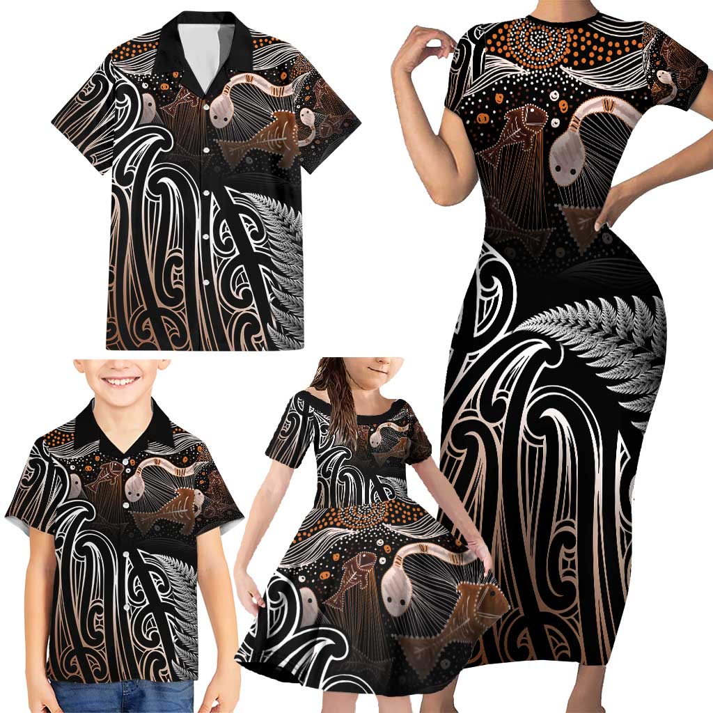 Aotearoa Maori - Australia Indigenous Family Matching Short Sleeve Bodycon Dress and Hawaiian Shirt Koiri Whakairo Mix Aboriginal Art LT7 - Polynesian Pride