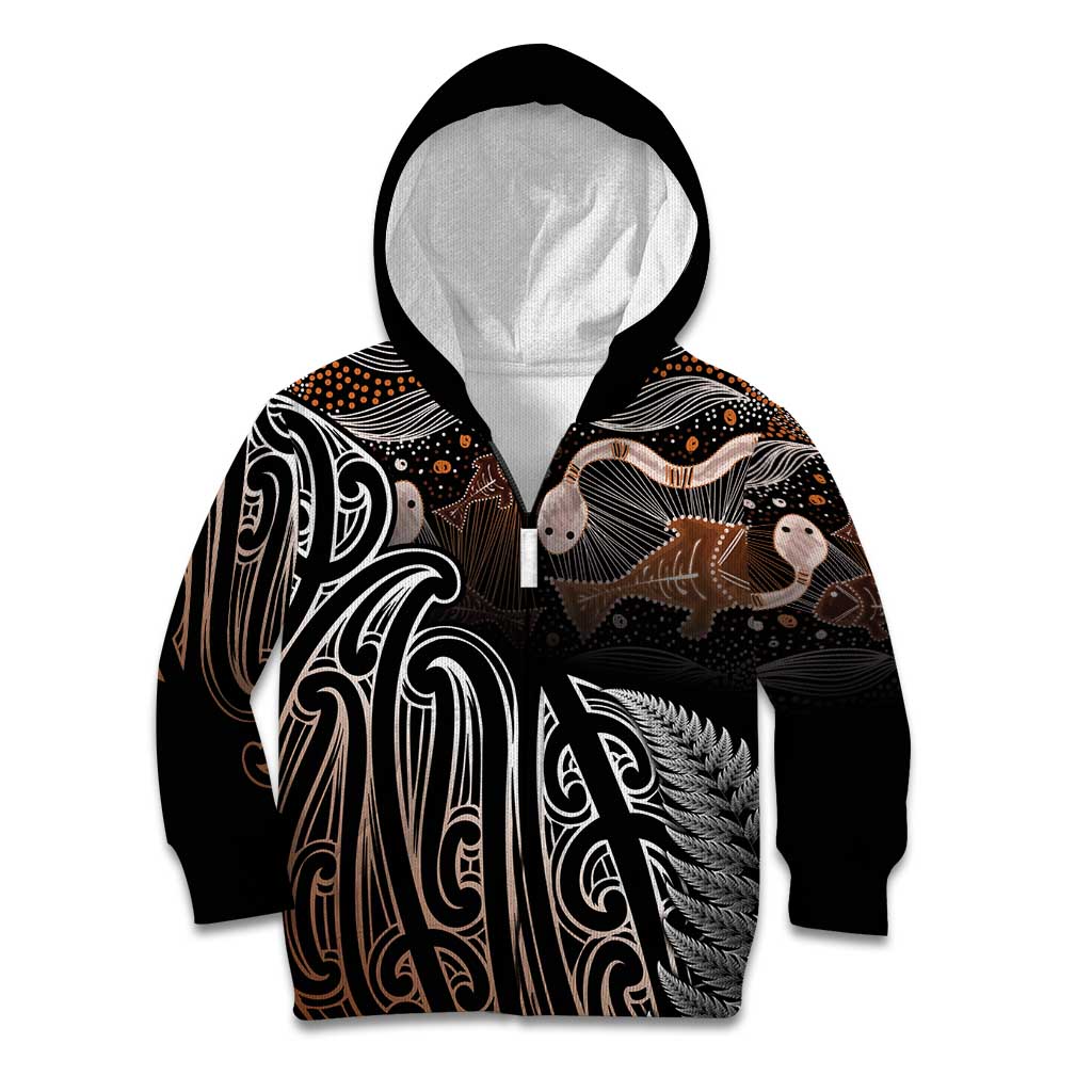 Aotearoa Maori - Australia Indigenous Kid Hoodie Koiri Whakairo Mix Aboriginal Art - Polynesian Pride