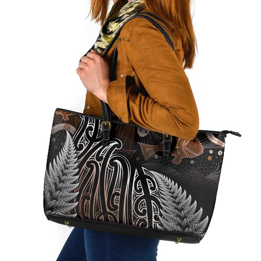 Aotearoa Maori - Australia Indigenous Leather Tote Bag Koiri Whakairo Mix Aboriginal Art - Polynesian Pride