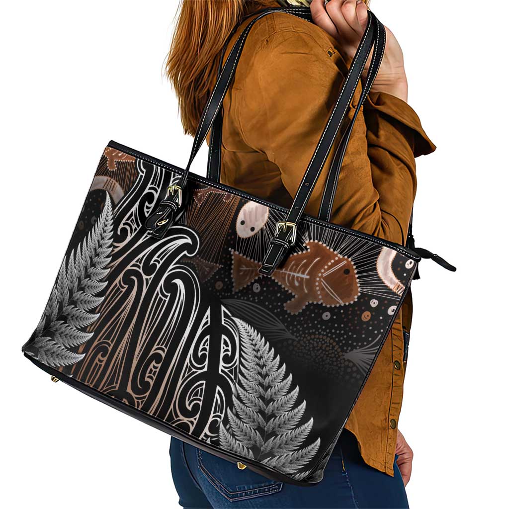 Aotearoa Maori - Australia Indigenous Leather Tote Bag Koiri Whakairo Mix Aboriginal Art - Polynesian Pride
