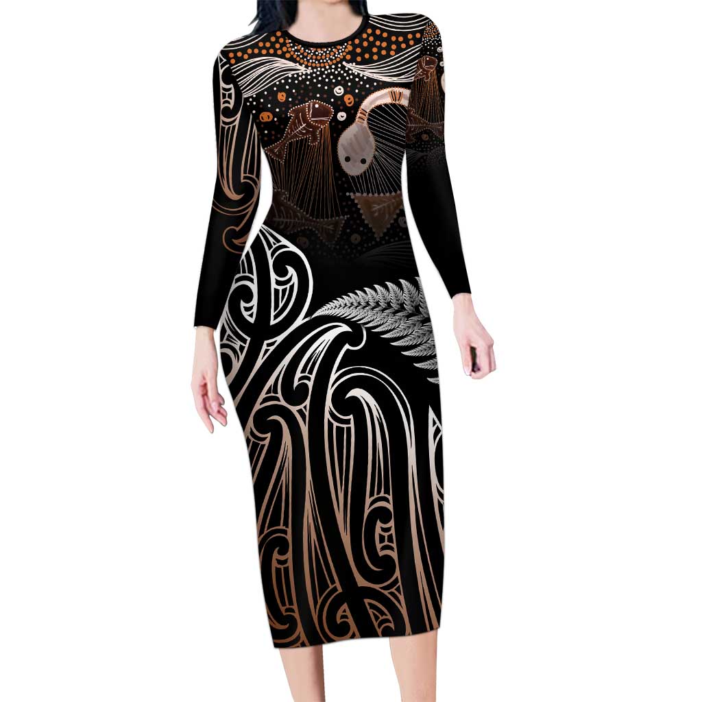 Aotearoa Maori - Australia Indigenous Long Sleeve Bodycon Dress Koiri Whakairo Mix Aboriginal Art - Polynesian Pride