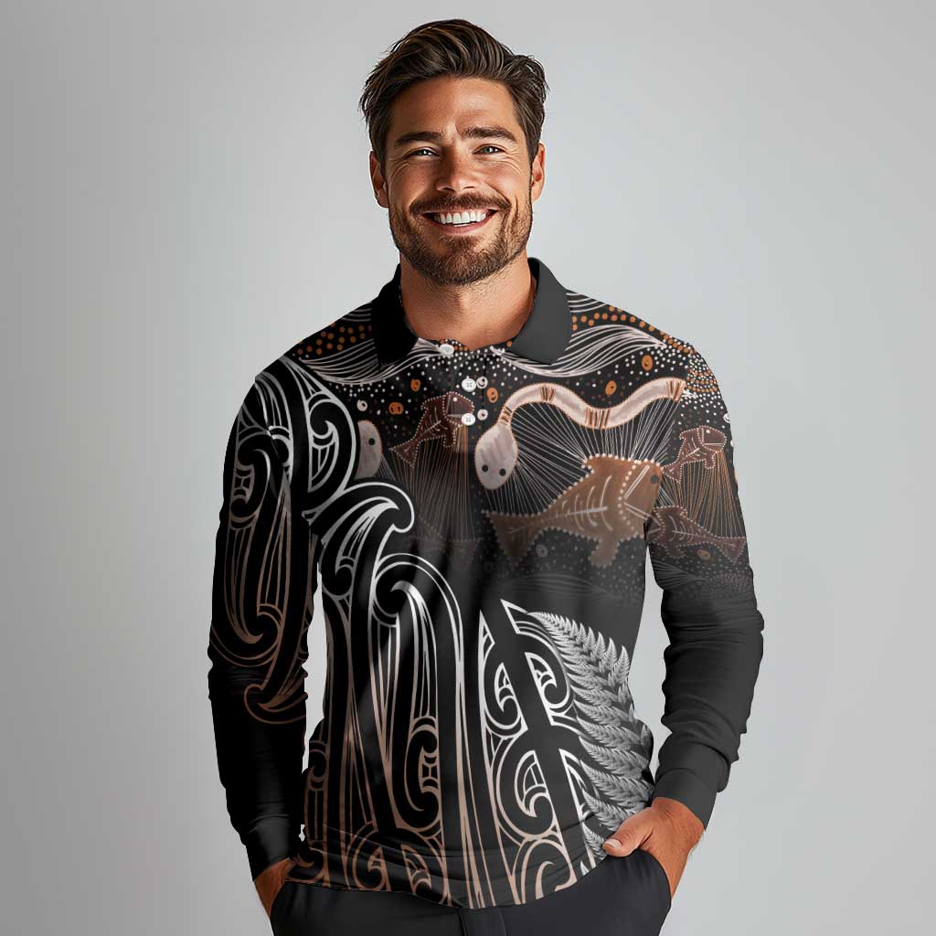 Aotearoa Maori - Australia Indigenous Long Sleeve Polo Shirt Koiri Whakairo Mix Aboriginal Art - Polynesian Pride