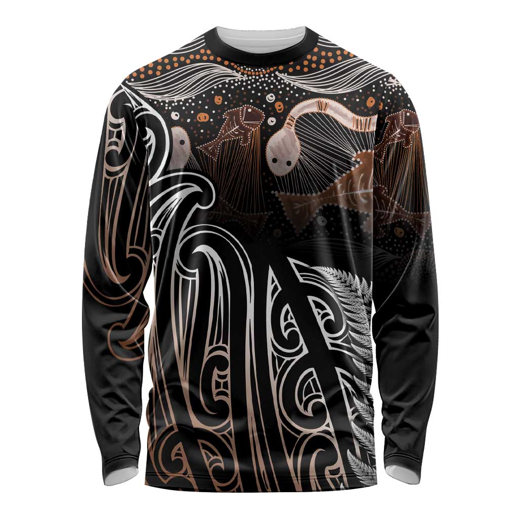 Aotearoa Maori - Australia Indigenous Long Sleeve Shirt Koiri Whakairo Mix Aboriginal Art LT7 Unisex Brown - Polynesian Pride