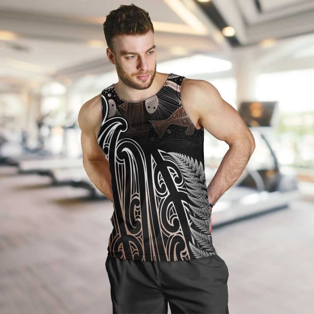 Aotearoa Maori - Australia Indigenous Men Tank Top Koiri Whakairo Mix Aboriginal Art LT7 Brown - Polynesian Pride