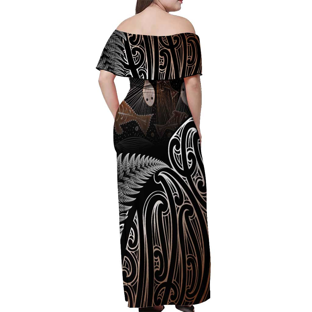 Aotearoa Maori - Australia Indigenous Off Shoulder Maxi Dress Koiri Whakairo Mix Aboriginal Art - Polynesian Pride