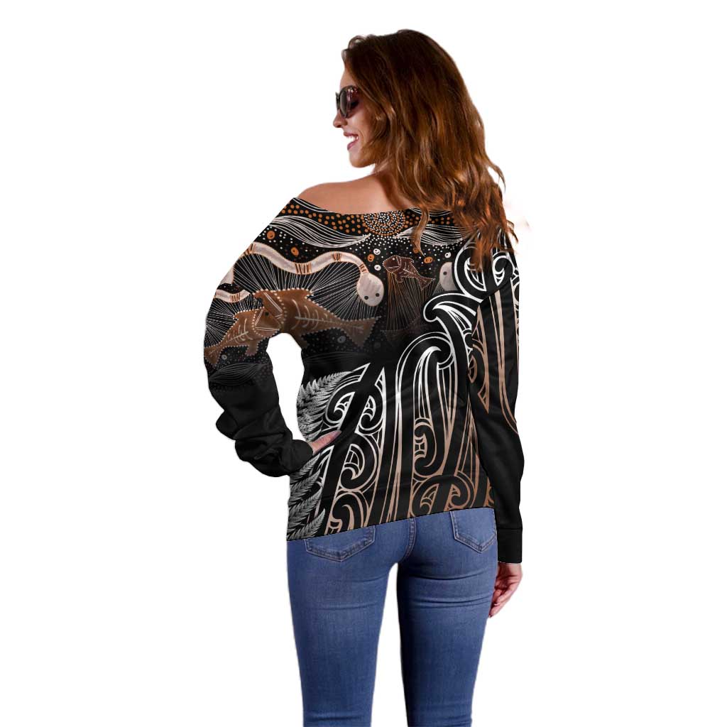 Aotearoa Maori - Australia Indigenous Off Shoulder Sweater Koiri Whakairo Mix Aboriginal Art - Polynesian Pride