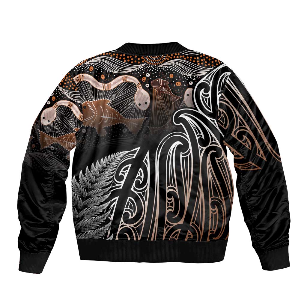 Aotearoa Maori - Australia Indigenous Sleeve Zip Bomber Jacket Koiri Whakairo Mix Aboriginal Art - Polynesian Pride