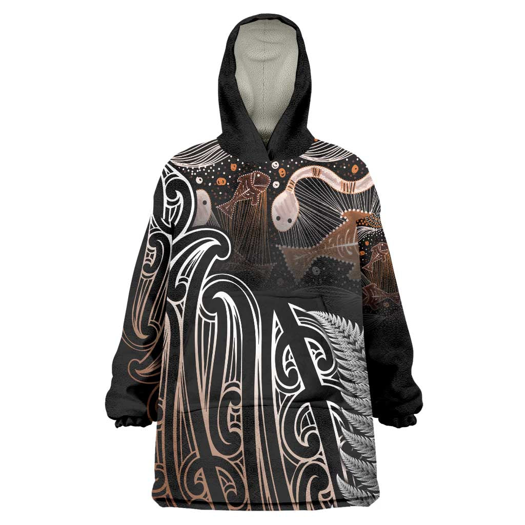 Aotearoa Maori - Australia Indigenous Wearable Blanket Hoodie Koiri Whakairo Mix Aboriginal Art LT7 One Size Brown - Polynesian Pride